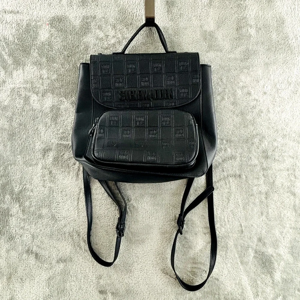Steve Madden Bseyda Backpack Purse Black Embossed Faux Leather Adjustable Straps